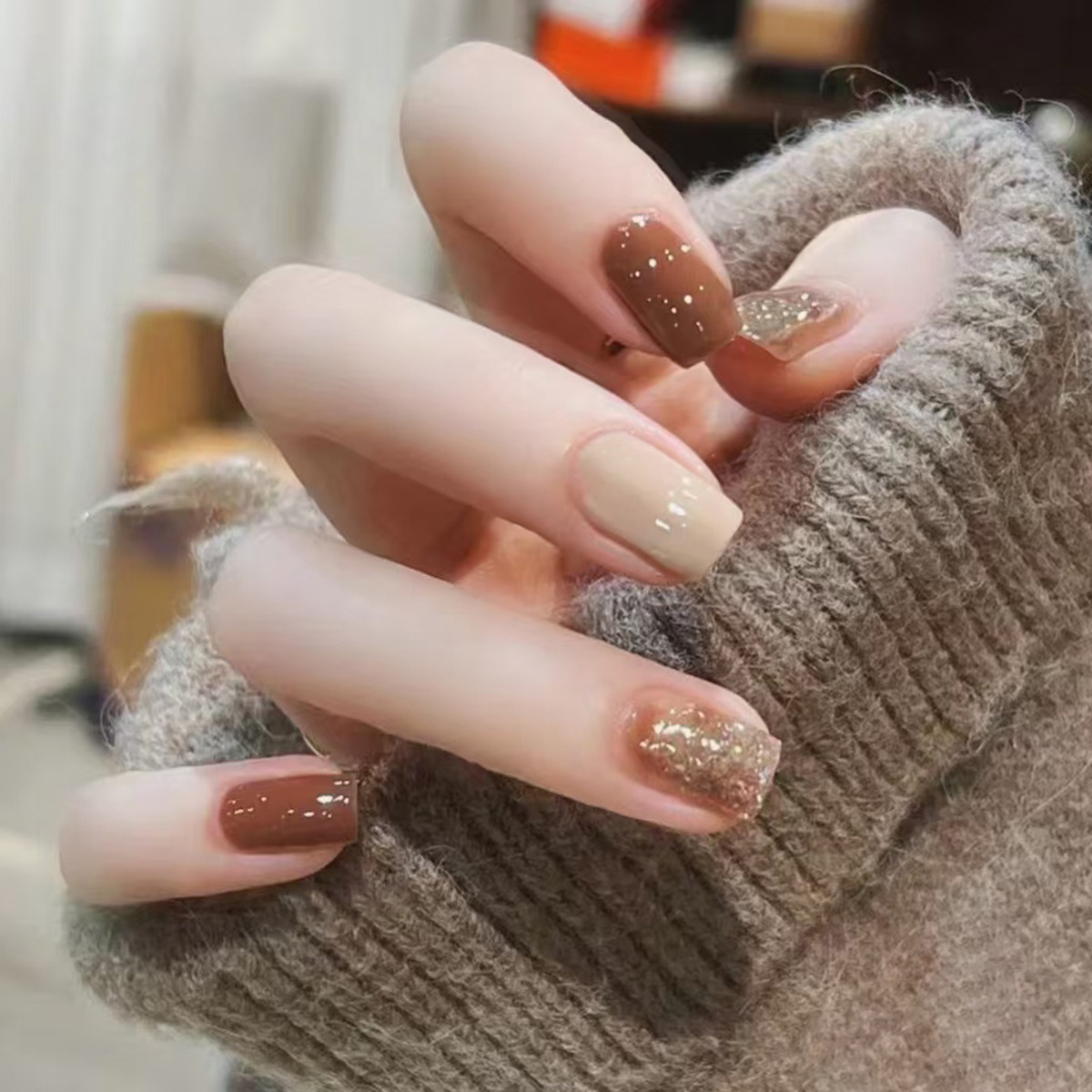 Nail Art Ombre Glitter - 24Pcs 캐러멜 브라운 옹 브르 반짝이
