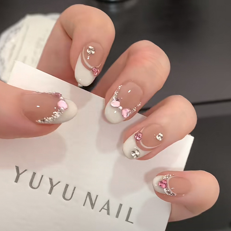 Nail Art French - 10개입 화이트 프렌치 핑크 하트 다이아몬드