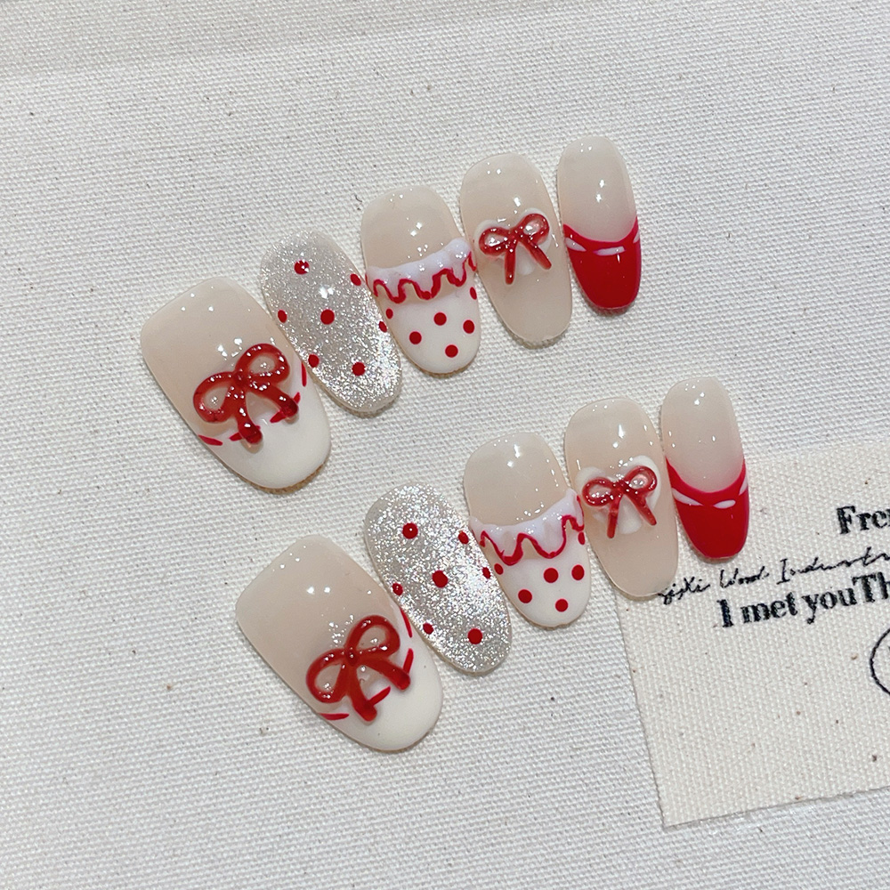 Nail Art Red - 10개입 짧은 타원형 수제 프레스온 네일