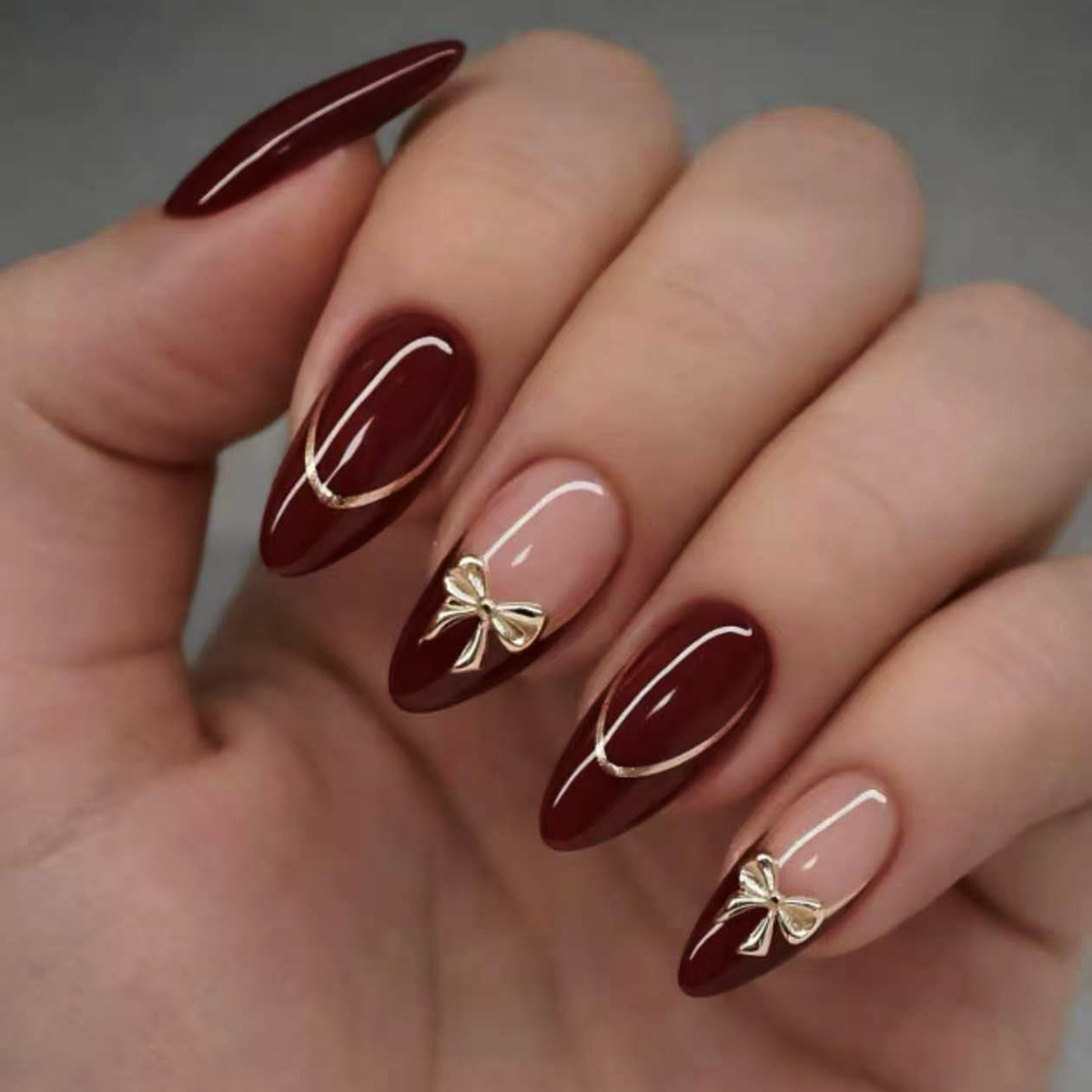 Nail Art Red - 24개 레트로 와인 레드 프렌치 아몬드