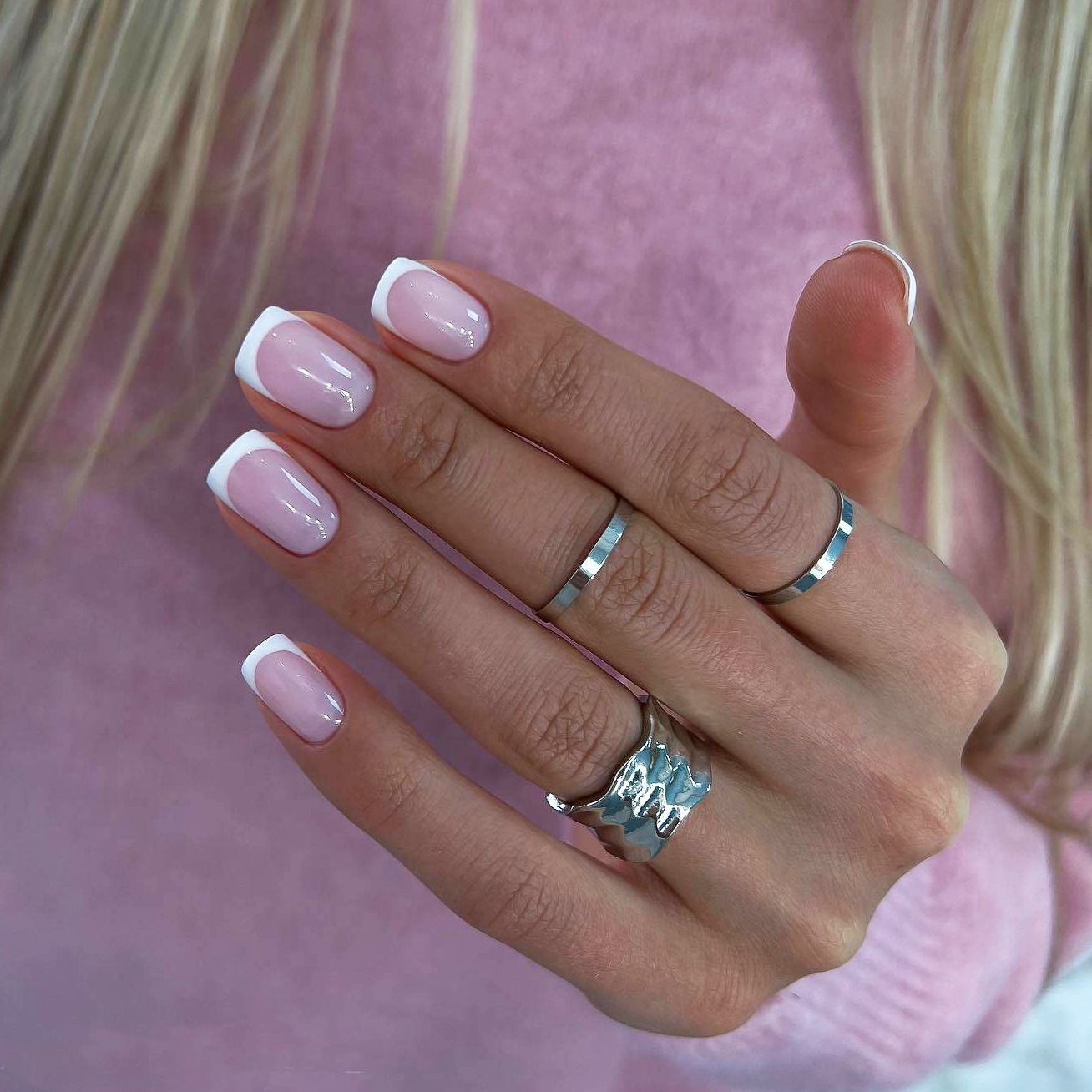 Nail Art French - 24Pcs 손톱에 짧은 사각형 수제 프레스
