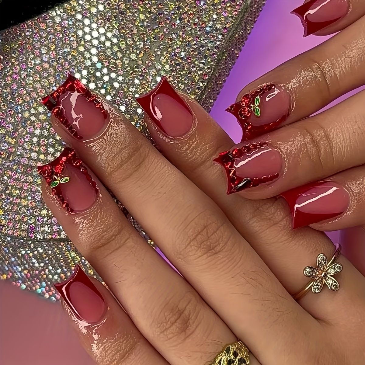 Nail Art Red - 24개 완성형 프렌치 레드 짧은 스퀘어