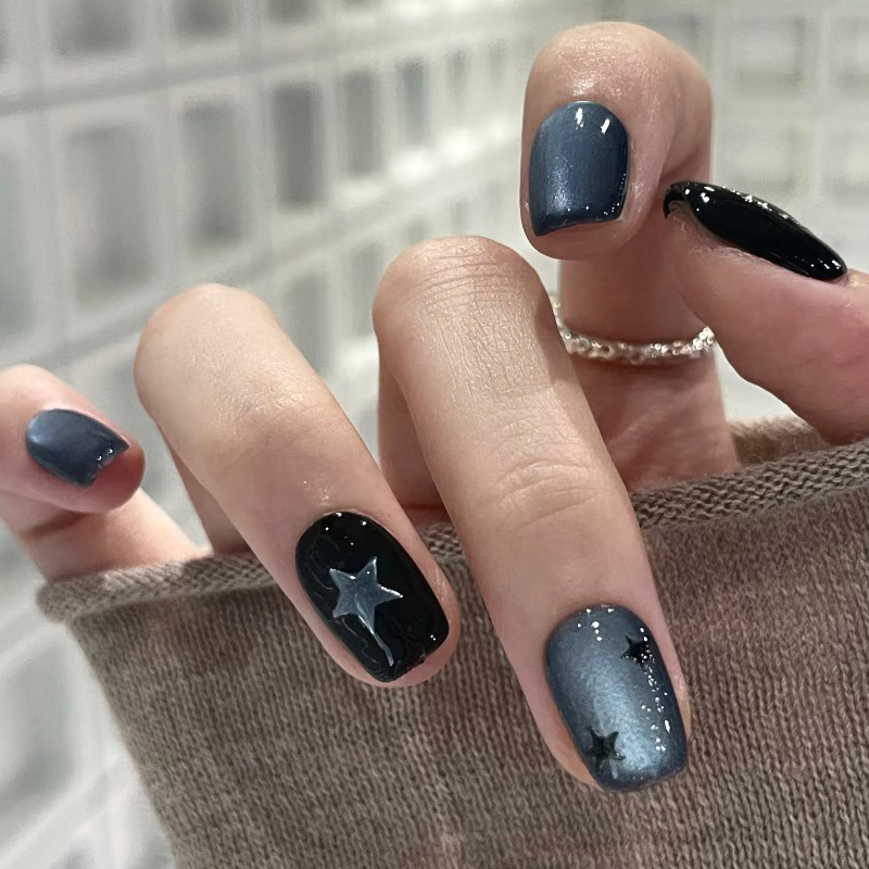 Nail Art Ombre Glitter - 24개 짧은 스퀘어 프레스온 네일 블랙