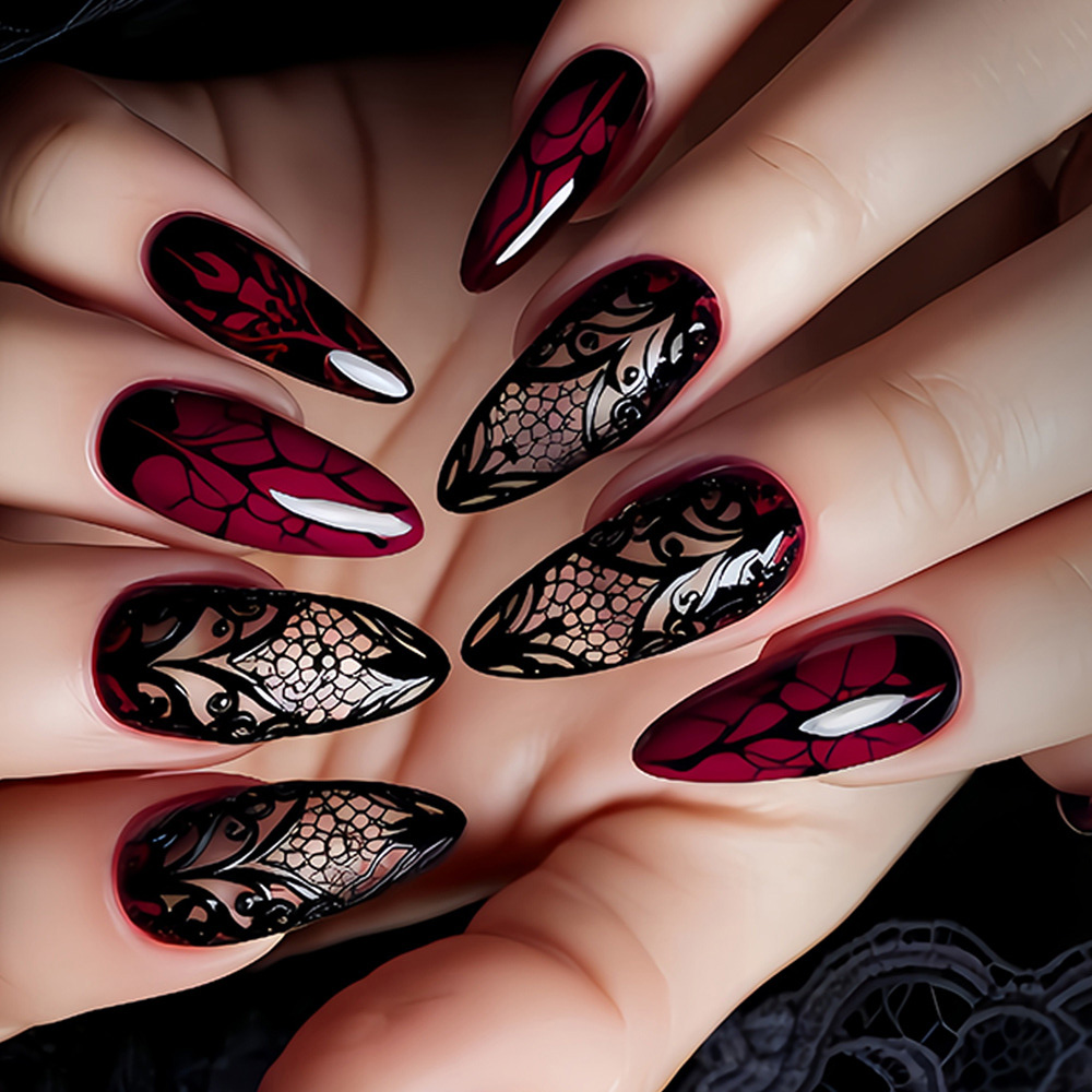 Nail Art Red - 여성용 중간 사이즈 가짜 손톱, 짙은