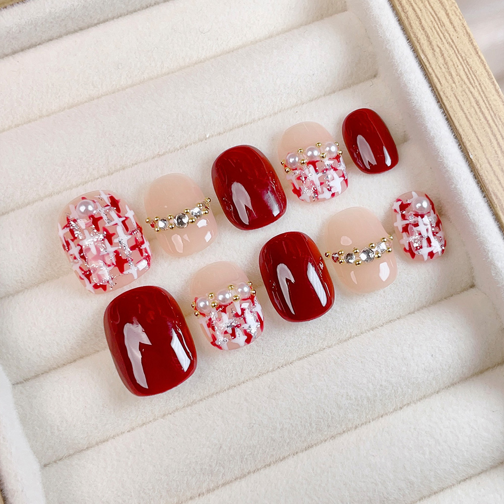 Nail Art Red - 10개입 짧은 사각형 라운드 핸드메이드 프레스온