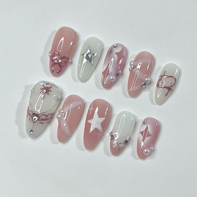 24개 짧은 아몬드 네일 세트 풀커버 별 달 웨이브 프 - Nail Art French 리뷰 및 가격