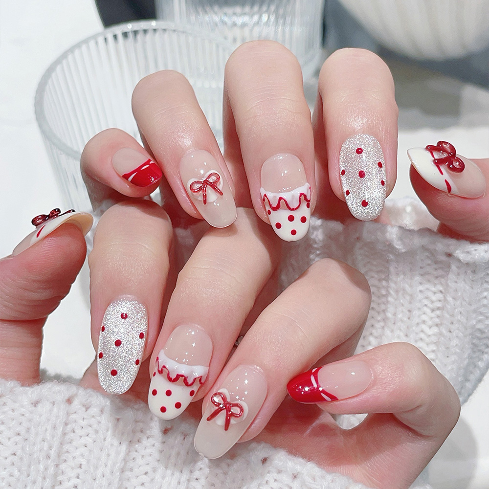 10개입 짧은 타원형 수제 프레스온 네일 키트, 화이트 - Nail Art Red 리뷰 및 가격