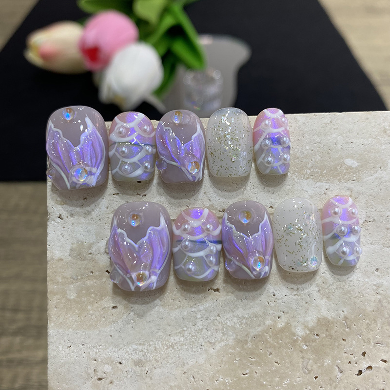 10개 나비꽃 모양 중간 길이 코핀형 인조 손톱, 펄  - Nail Art French 리뷰 및 가격