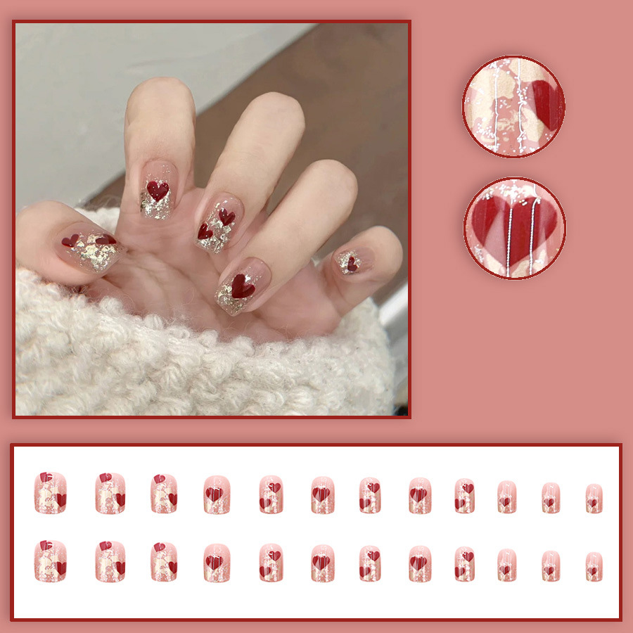 24개/세트 여성용 짧은 사각형 가짜 손톱, 귀여운 빨 - Nail Art Red 리뷰 및 가격