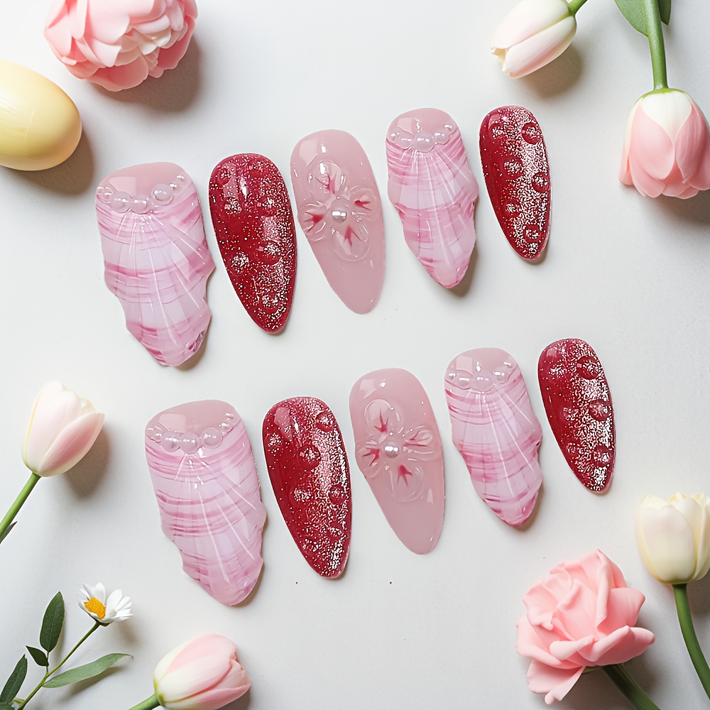 10개 중간 사이즈 아몬드 모양 수제 프레스온 네일 키 - Nail Art Red 리뷰 및 가격