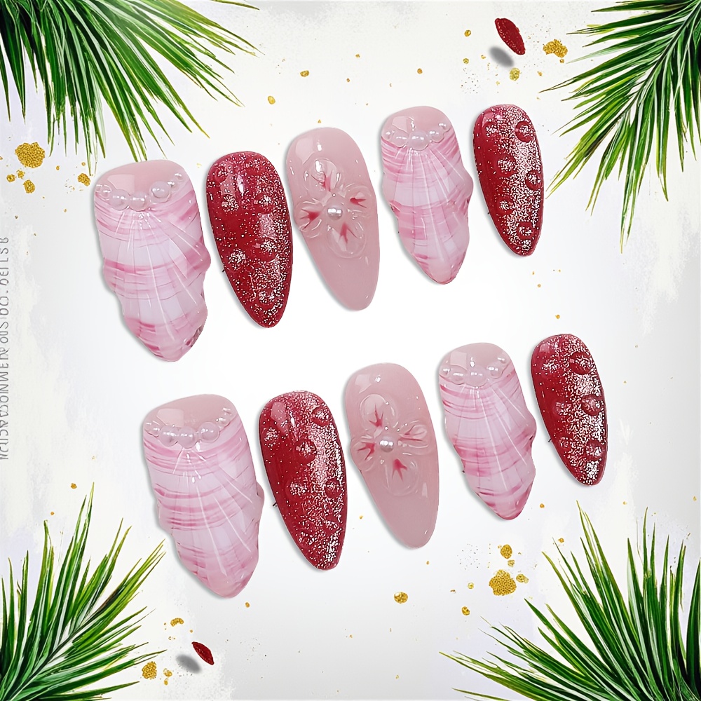 10개 중간 사이즈 아몬드 모양 수제 프레스온 네일 키 - Nail Art Red 리뷰 및 가격