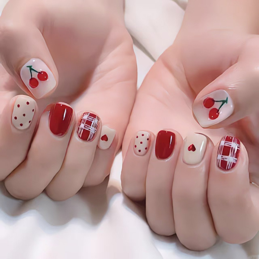 여성용 짧은 사각형 네일팁, 누드 레드 컬러, 물방울  - Nail Art French 리뷰 및 가격