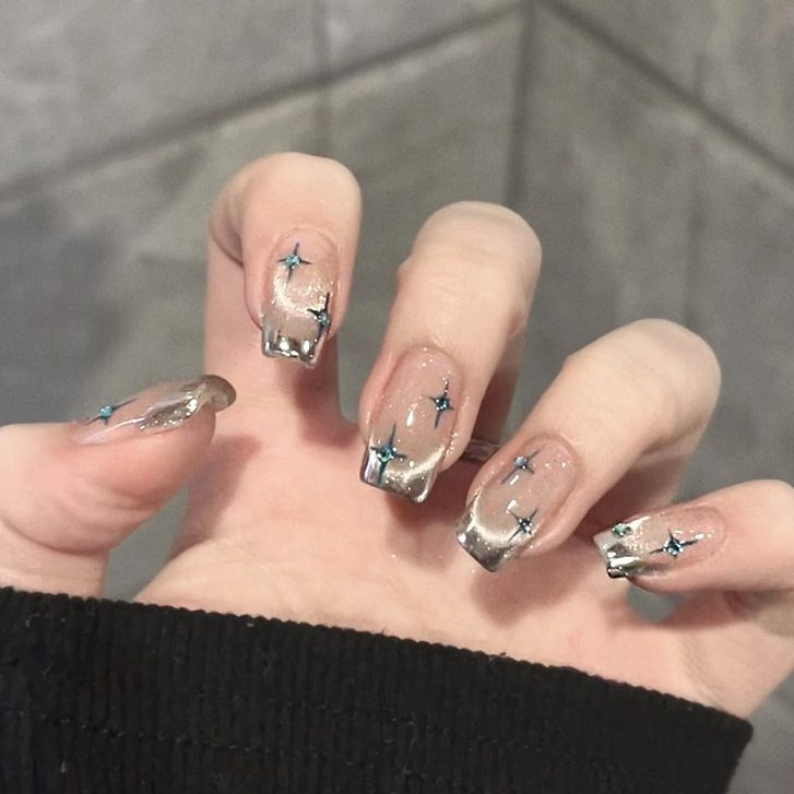 24개 짧은 스퀘어 프레스온 네일 블랙 블루 옴브레 캣 - Nail Art Ombre Glitter 리뷰 및 가격