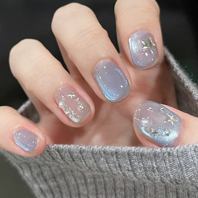 24개 짧은 스퀘어 프레스온 네일 블랙 블루 옴브레 캣 - Nail Art Ombre Glitter 리뷰 및 가격