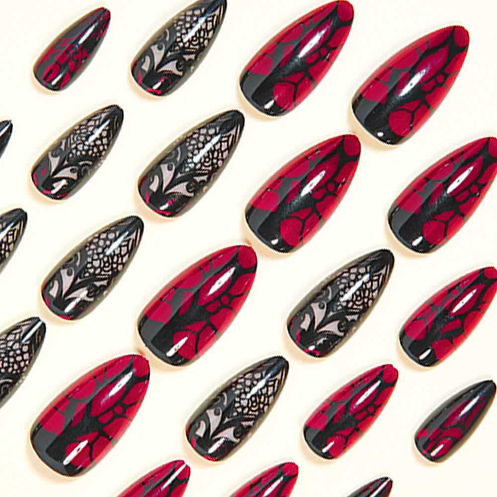 여성용 중간 사이즈 가짜 손톱, 짙은 빨간색과 검은색  - Nail Art Red 리뷰 및 가격
