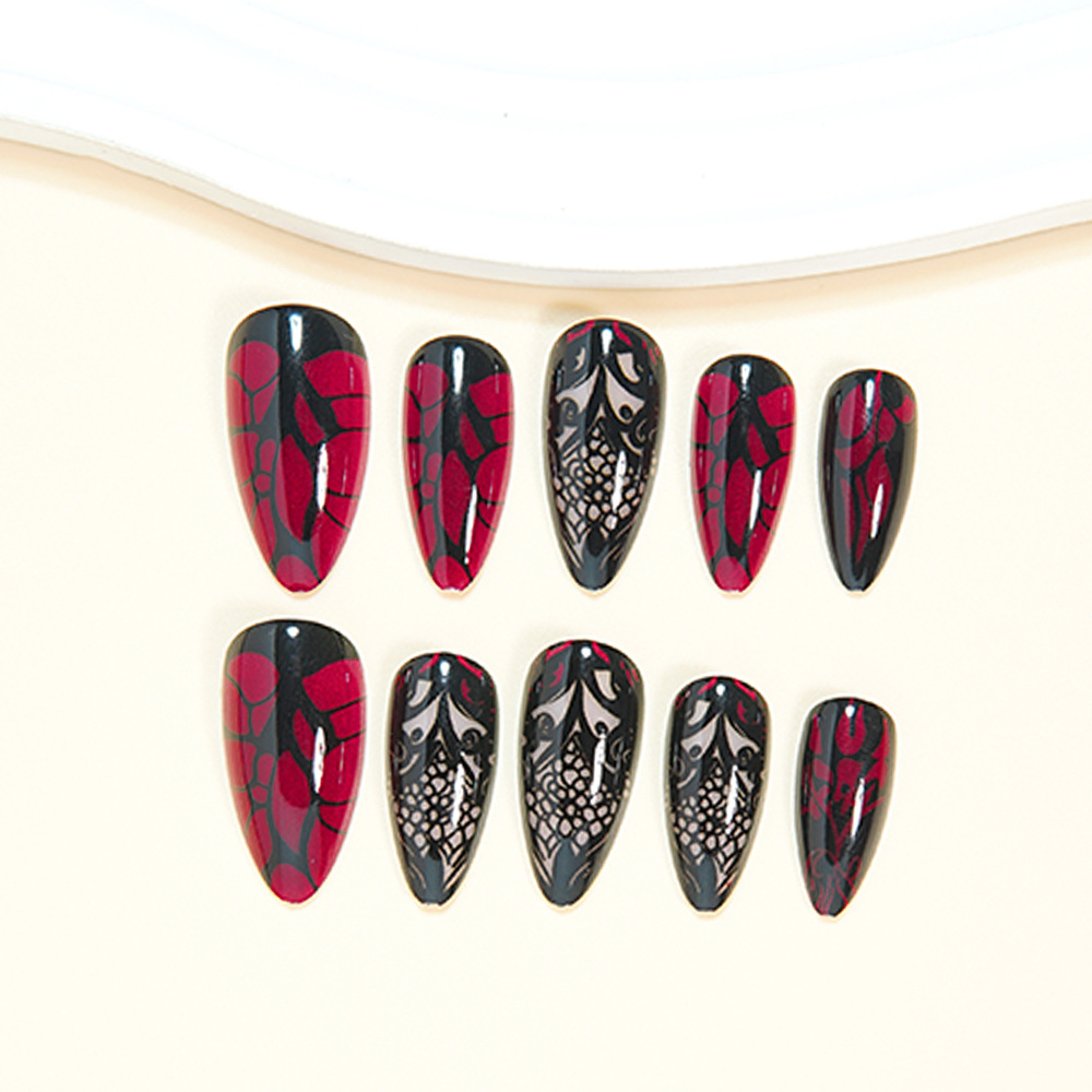 여성용 중간 사이즈 가짜 손톱, 짙은 빨간색과 검은색  - Nail Art Red 리뷰 및 가격