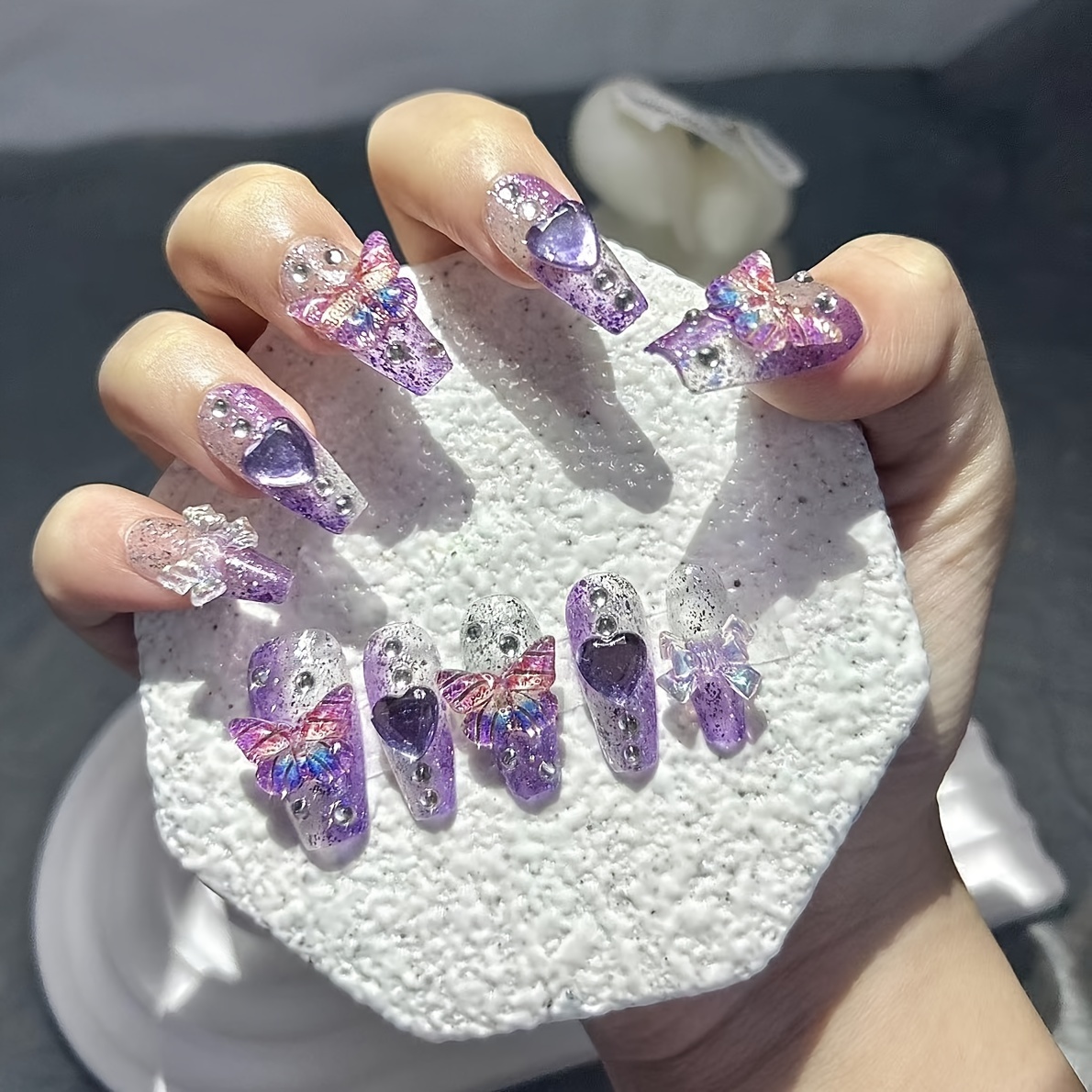 10 조각 보라색 판타지 나비 가짜 손톱 하트 다이아몬 - Nail Art Red 리뷰 및 가격