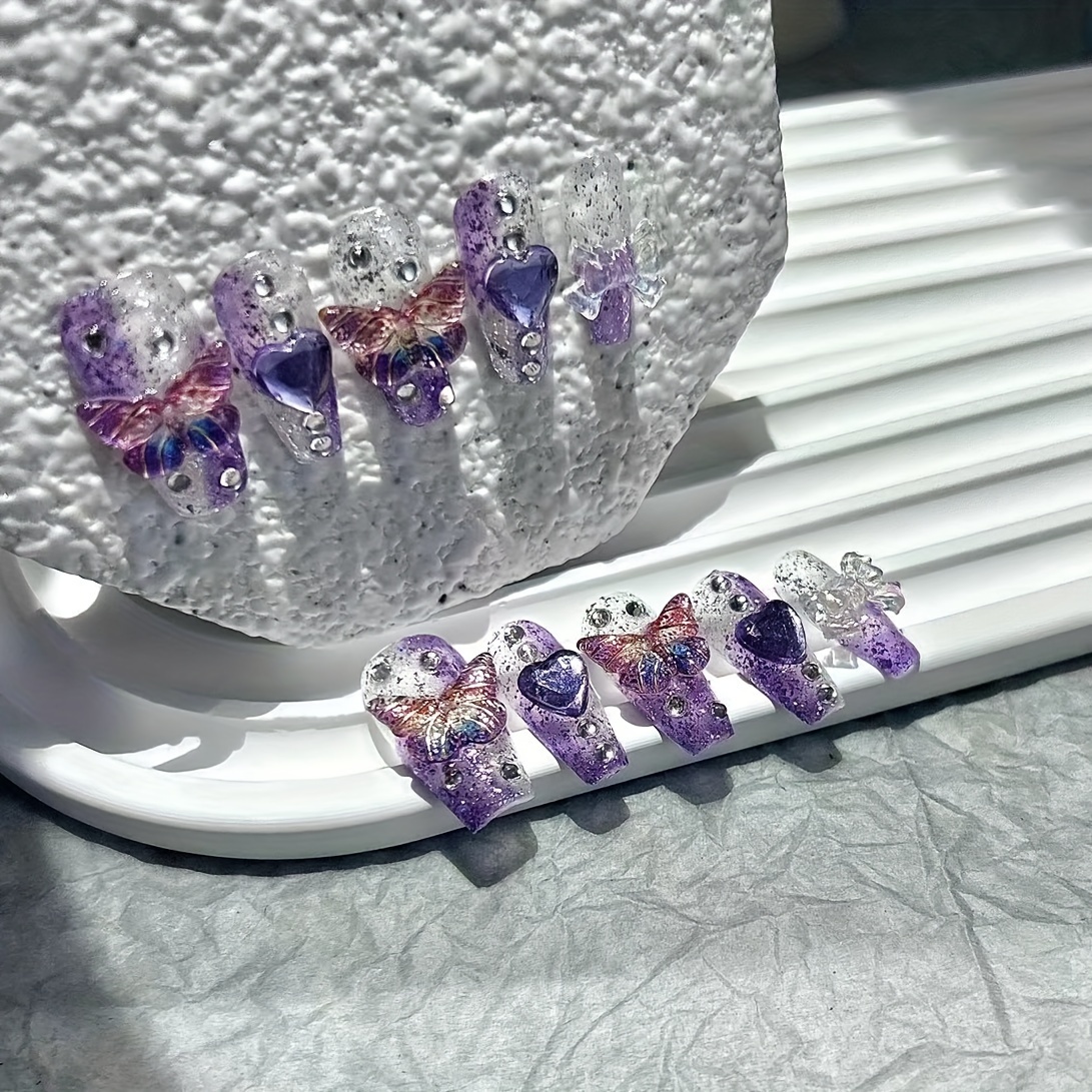 10 조각 보라색 판타지 나비 가짜 손톱 하트 다이아몬 - Nail Art Red 리뷰 및 가격