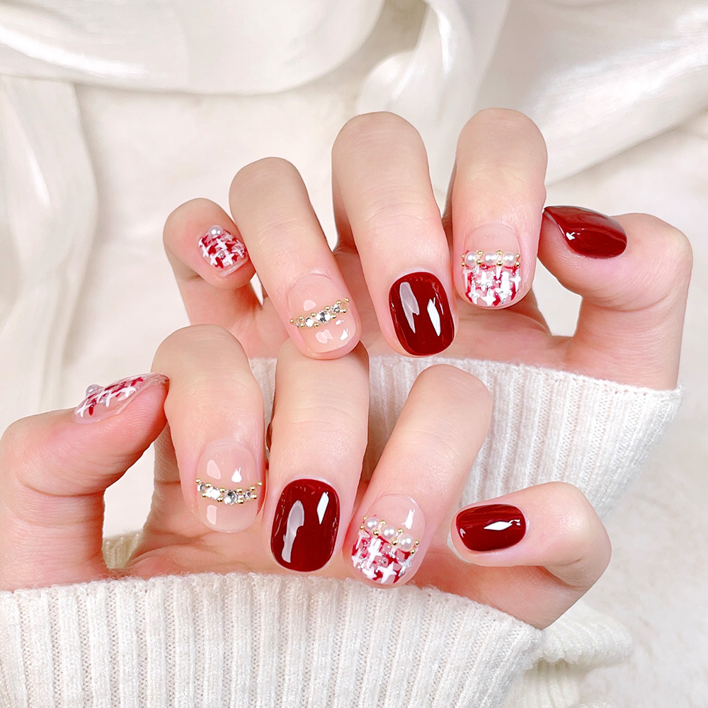 10개입 짧은 사각형 라운드 핸드메이드 프레스온 네일  - Nail Art Red 리뷰 및 가격